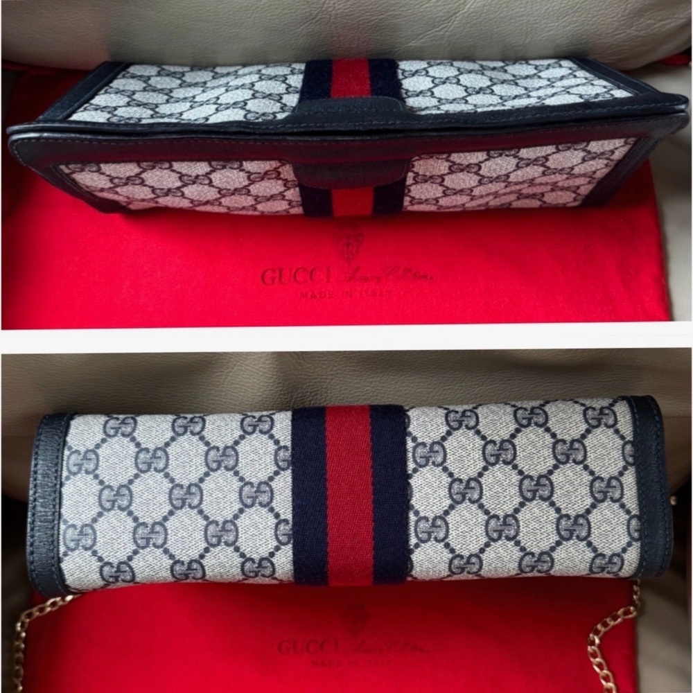 Authentic Vintage Gucci Web Monogram Canvas Black Leather Velcro Chain Clutch - Picture 7 of 11